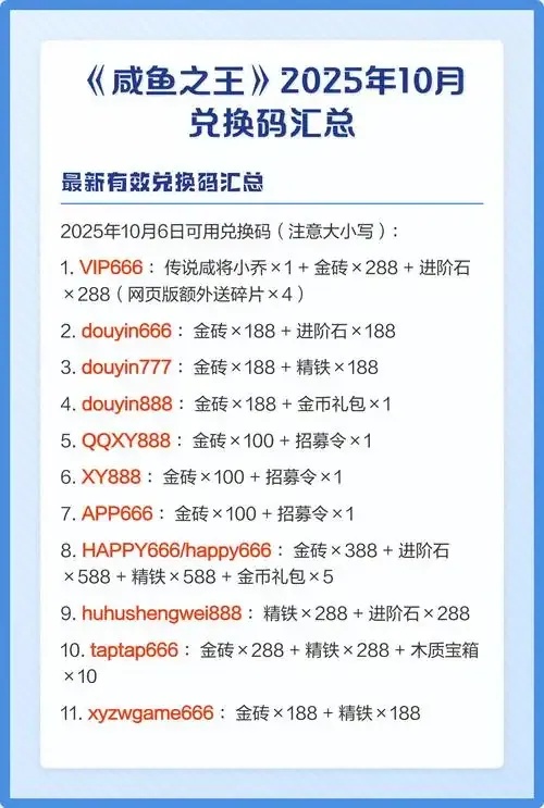 咸鱼之王游戏通用兑换码大全免费领取